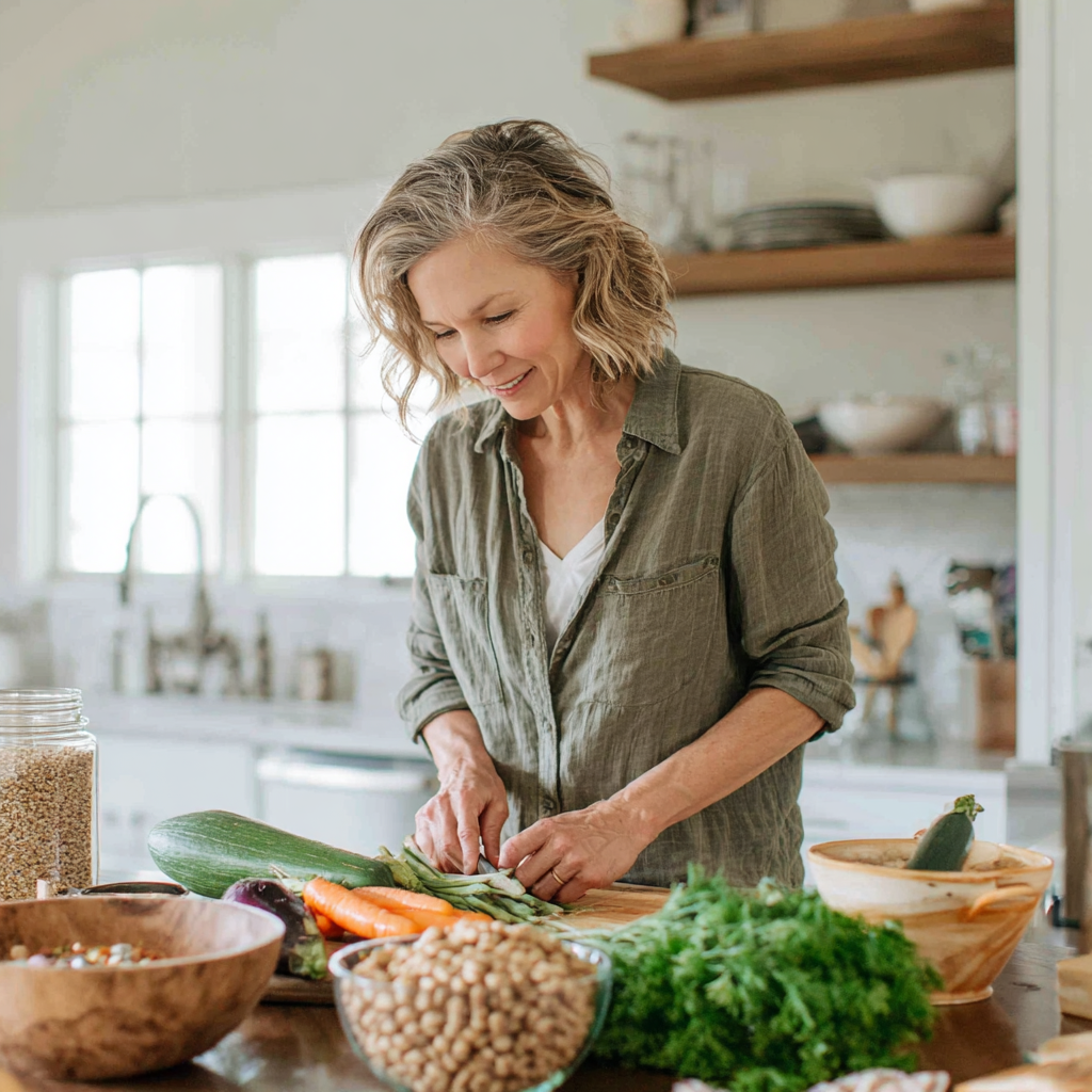 Middle-aged woman preparing fresh vegetables and whole grains in a bright kitchen, focused on healthy meal planning