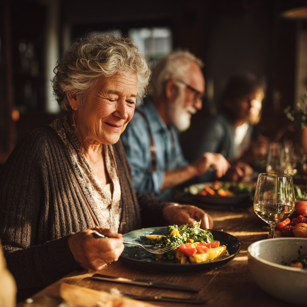 Older adults enjoying a balanced home-cooked meal together at a wooden dining table with natural light